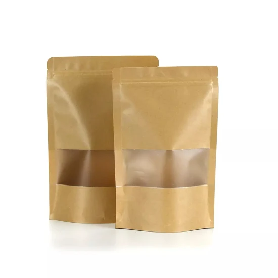 Marrone ricicla la busta con chiusura a zip stampata personalizzata per l'imballaggio del caffè. Borsa per alimenti con cerniera in carta Kraft economica Doypack con finestra